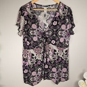 JL Studio Women's Black Floral Short Sleeve V-Neck Stretch Top Size X / XL / 1X